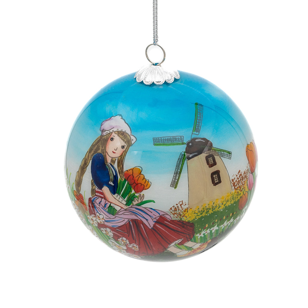 Girl with Tulips Hand-Painted Glass Tree Ornament