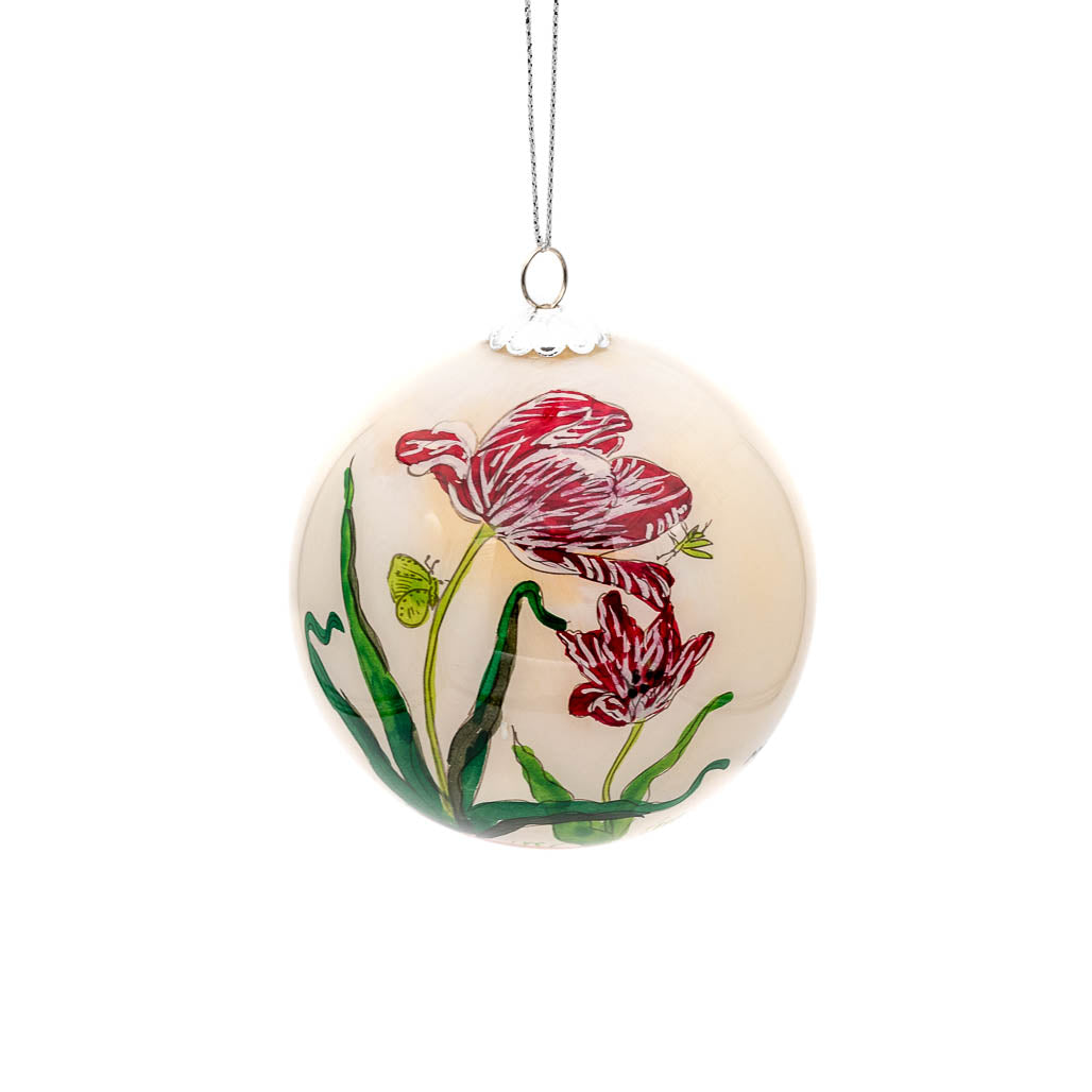 Tulips with Butterfly Hand-Painted Glass Tree Ornament