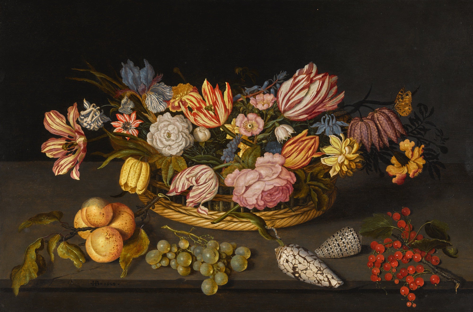 Still life painting by of flowers in a basket with shells and fruits by Johannes Bosschaert