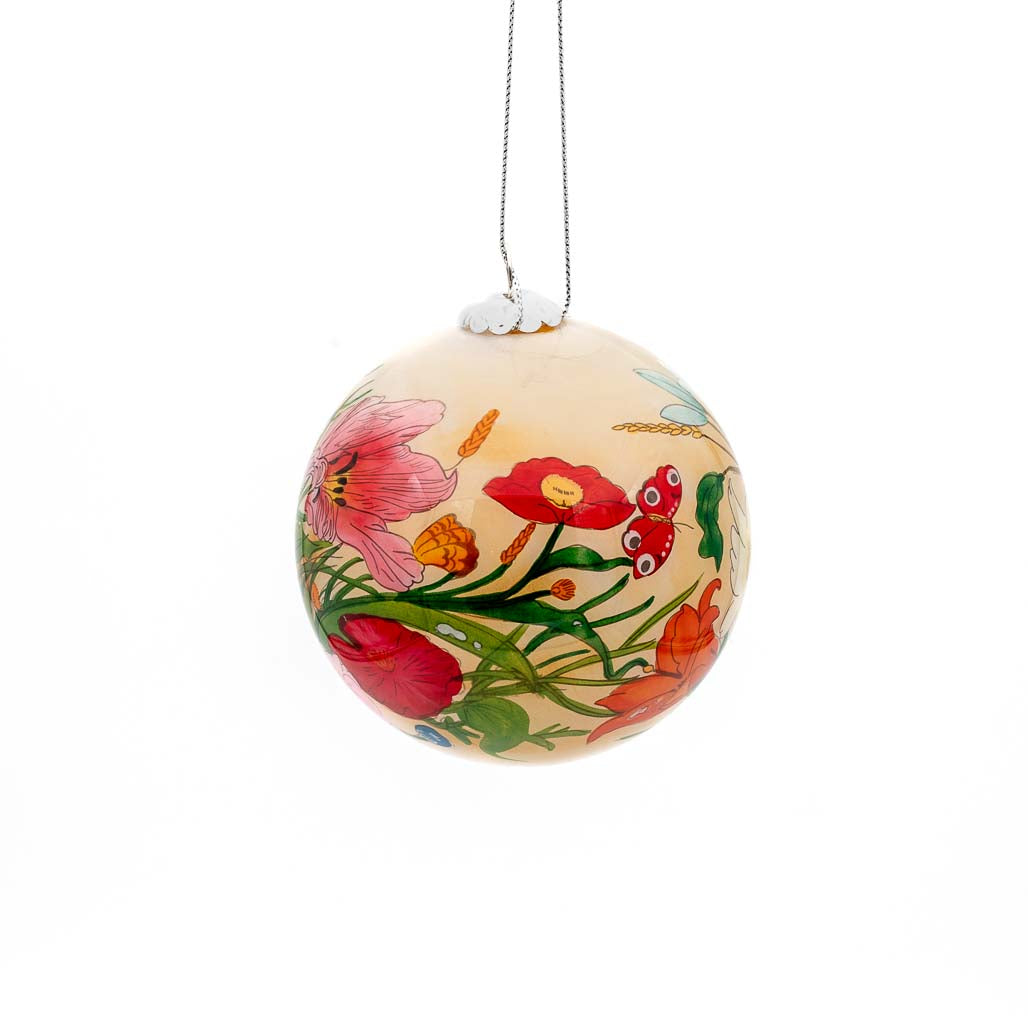 Field of Flowers and a Butterfly Hand-Painted Glass Tree Ornament