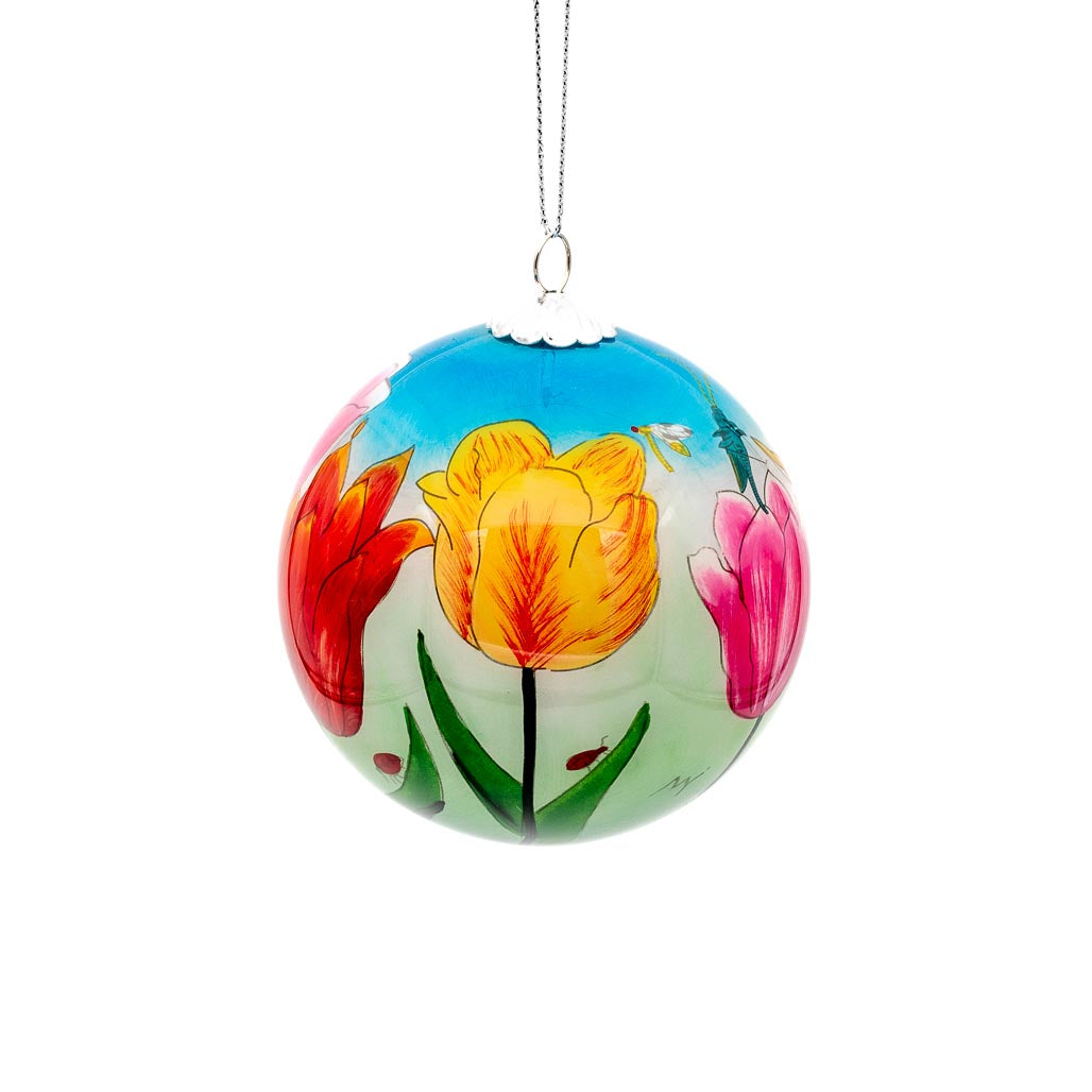 Colorful Tulips Hand-Painted Glass Tree Ornament