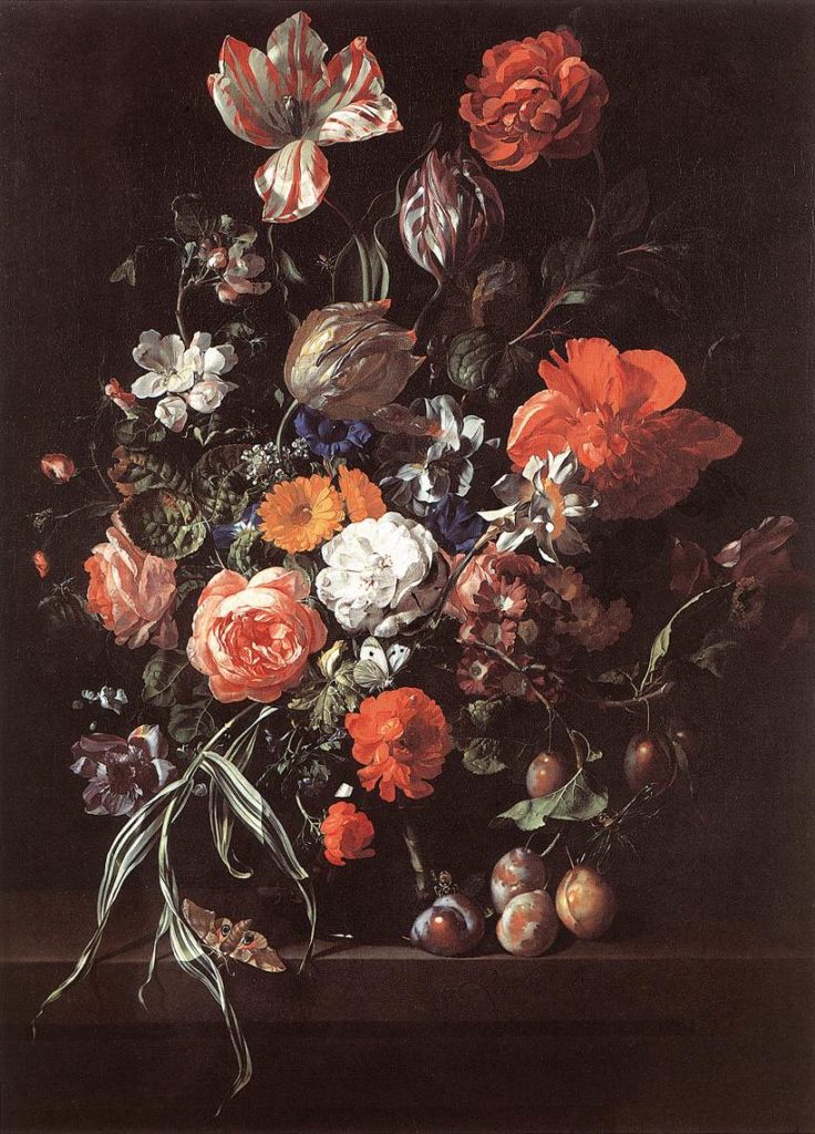Painting called “Still-Life with Bouquet of Flowers and Plums” by Rachel Ruysch in 1704.